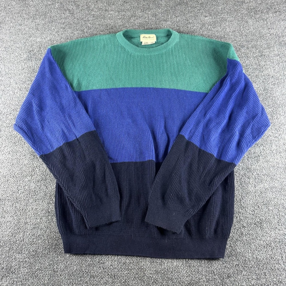 Eddie Bauer Sweater Mens XLT Green Blue Striped Cotton Knit Vintage 90s USA